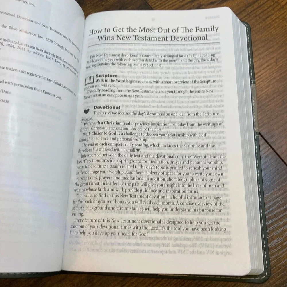 The Family Wins NIV New Testament Devotional LeatherLike Cypress Dune Bible 2020